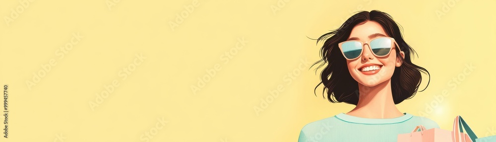 A cheerful woman in sunglasses enjoys a sunny day, radiating positivity and happiness against a vibrant yellow backdrop. A cheerful woman in sunglasses enjoys a sunny day, radiating positivity and happiness against a vibrant yellow backdrop.