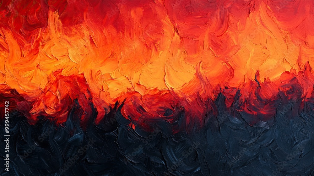 Fototapeta premium Abstract fiery landscape with vibrant red and orange flames, dark tones below.