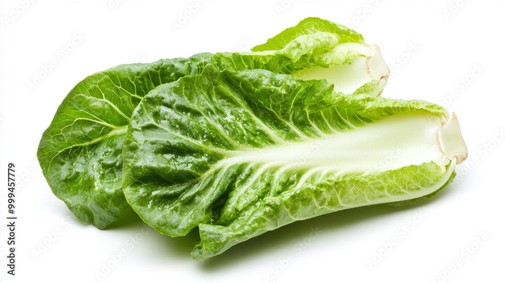 Fresh Green Romaine Lettuce Leaves on White Background Generative AI Fresh Green Romaine Lettuce Leaves on White Background Generative AI