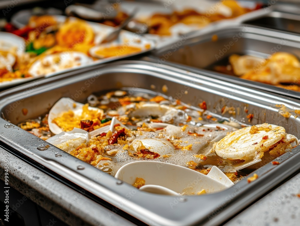 A close-up view of discarded food in a buffet tray, illustrating food waste and the aftermath of a meal.