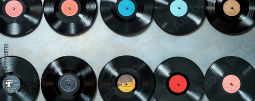 A collection of vintage vinyl records arranged in a stylish layout, showcasing colorful labels and classic design.