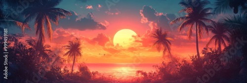 Tropical Sunset Serenity, vibrant hues of orange and pink blend behind silhouetted palm trees, creating a tranquil evening atmosphere.