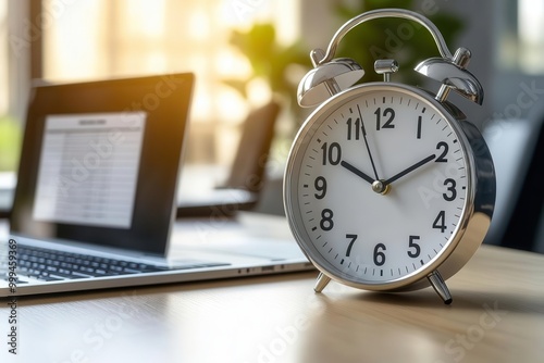 A vintage alarm clock beside a modern laptop on a wooden desk, symbolizing time management and productivity in the workspace.