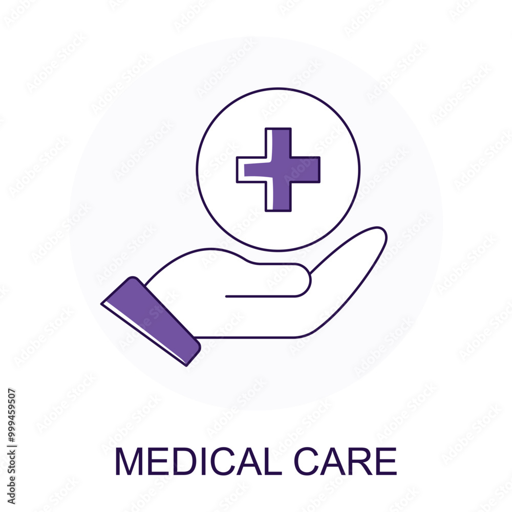 Vector icon for Medical Care. Hand holding a medical cross symbol representing patient support and health care services. Vector icon for Medical Care. Hand holding a medical cross symbol representing patient support and health care services.