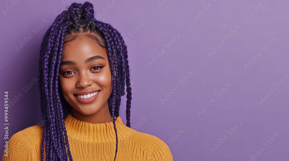 Joyful woman with fashionable braided hair against a lively purple background, radiating happiness. Joyful woman with fashionable braided hair against a lively purple background, radiating happiness.