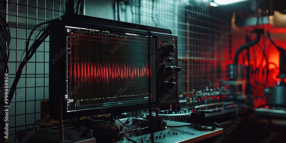 a Faraday cage blocking electromagnetic waves, with an oscilloscope showing no signals inside. a Faraday cage blocking electromagnetic waves, with an oscilloscope showing no signals inside.