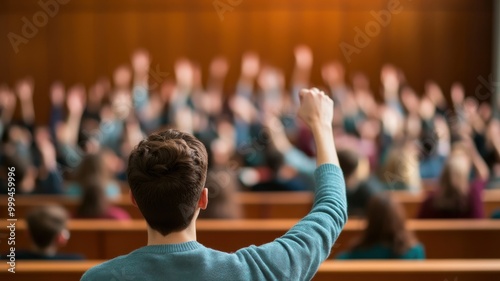 A diverse group of people in a meeting, showing engagement with raised hands, reflecting active participation in discussions.