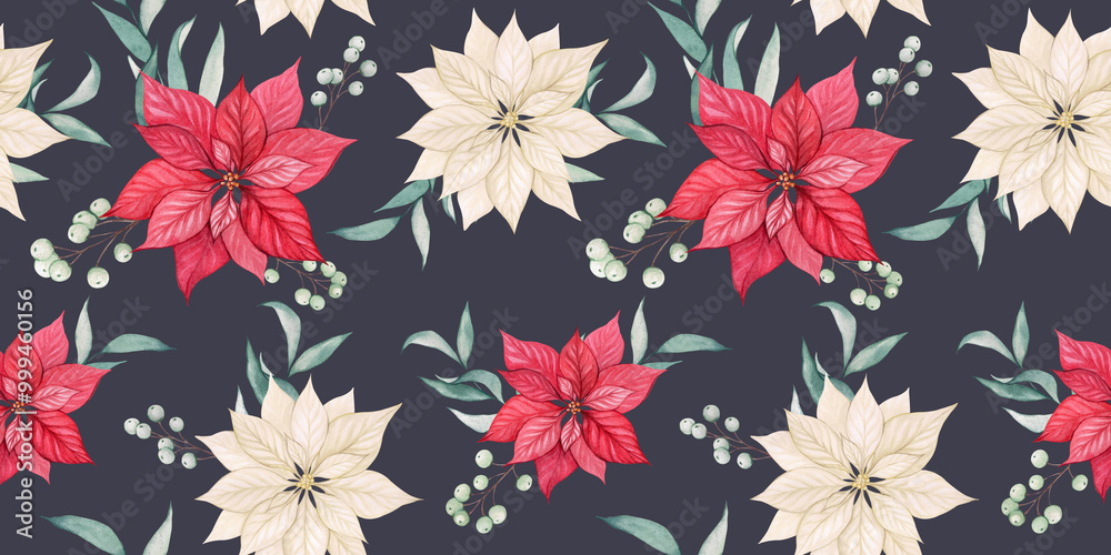 Christmas seamless pattern with poinsettia flower on a dark background. Watercolor print with red and white Christmas star flower. Christmas and New Year background, wallpaper, for design Christmas seamless pattern with poinsettia flower on a dark background. Watercolor print with red and white Christmas star flower. Christmas and New Year background, wallpaper, for design