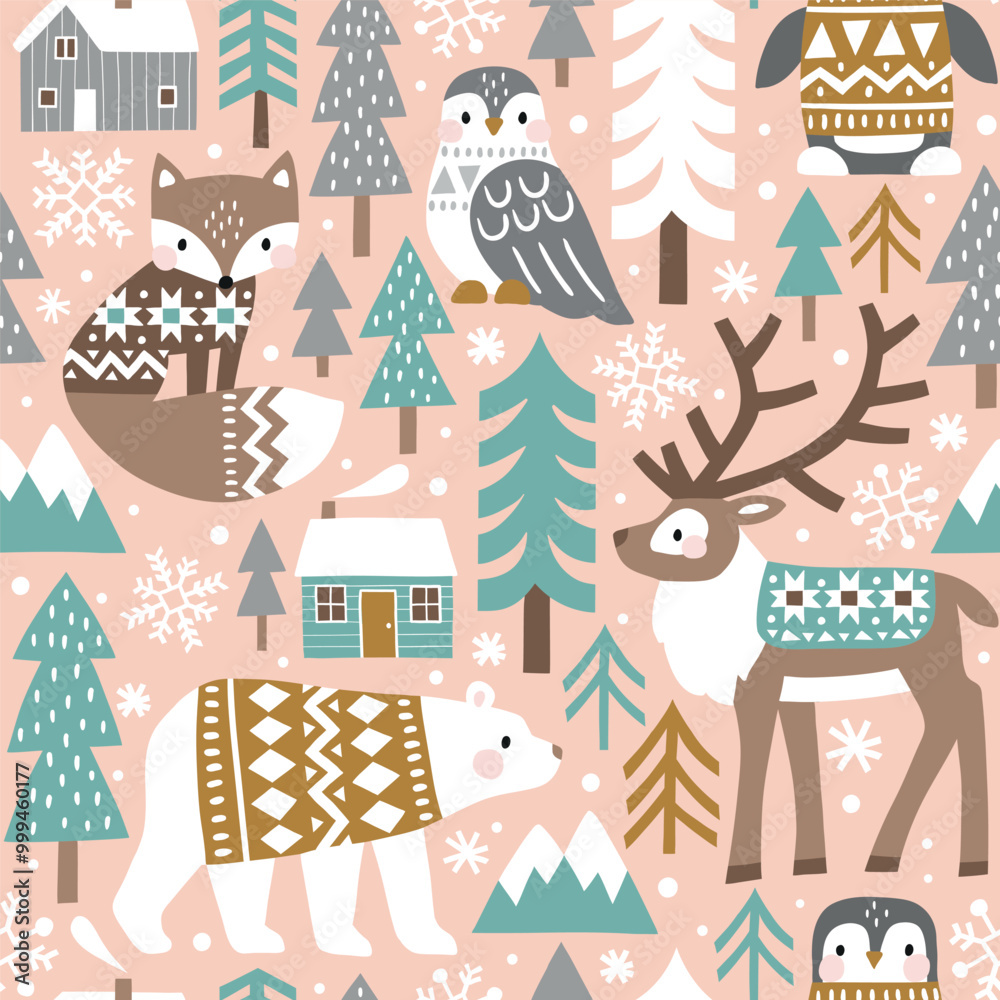Seamless vector pattern with cute polar animals. Reindeer, fox, owl, bear and penguin. Nordic forest illustration. EPS 10 vector file. Perfect for textile, wallpaper or nursery print design. Seamless vector pattern with cute polar animals. Reindeer, fox, owl, bear and penguin. Nordic forest illustration. EPS 10 vector file. Perfect for textile, wallpaper or nursery print design.