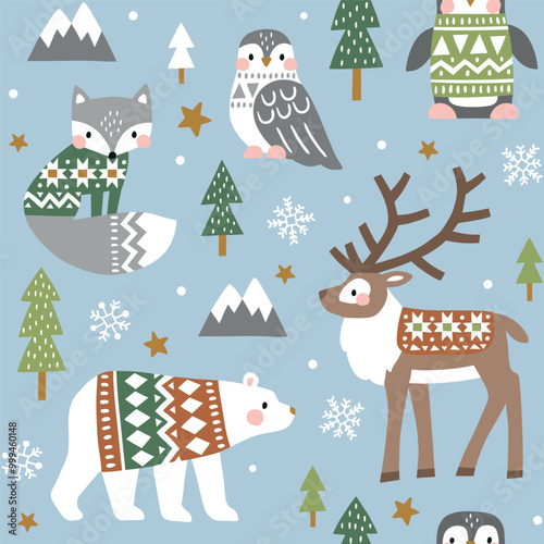 Seamless vector pattern with cute polar animals. Reindeer, fox, owl, bear and penguin. Nordic forest illustration. EPS 10 vector file. Perfect for textile, wallpaper or nursery print design.