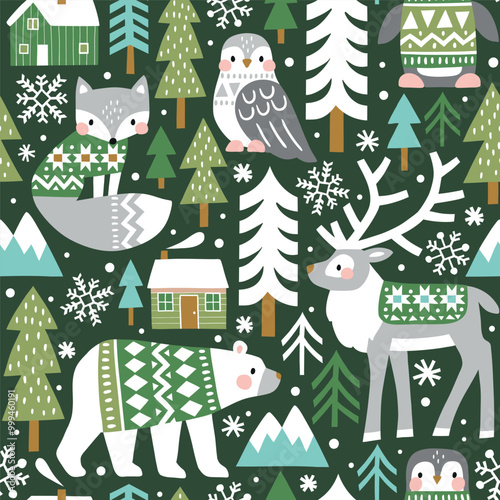 Seamless vector pattern with cute polar animals. Reindeer, fox, owl, bear and penguin. Nordic forest illustration. EPS 10 vector file. Perfect for textile, wallpaper or nursery print design.