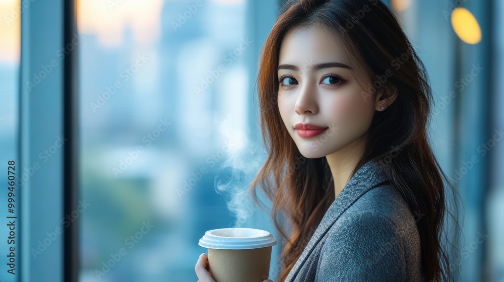 Confident Businesswoman Holding Coffee in Modern Office Confident Businesswoman Holding Coffee in Modern Office