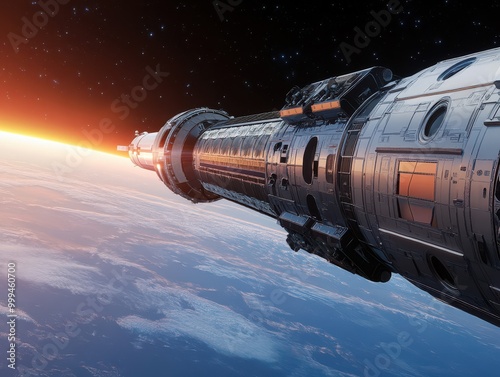 Wallpaper Mural A futuristic spacecraft gliding through the cosmos, showcasing advanced technology against a backdrop of Earth and stars. Torontodigital.ca