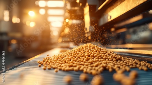 Grains spilling from a conveyor belt in a bright industrial setting. photo