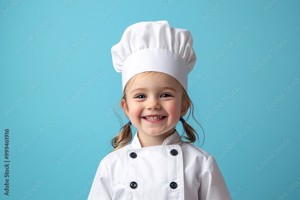 A cheerful young girl wearing a chef's uniform and hat, smiling against a bright blue background, perfect for culinary themes. A cheerful young girl wearing a chef's uniform and hat, smiling against a bright blue background, perfect for culinary themes.