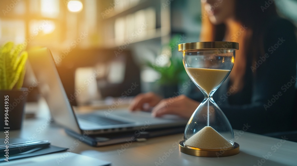 A close-up of an hourglass against a blurred background of a person working on a laptop, symbolizing time management and productivity. A close-up of an hourglass against a blurred background of a person working on a laptop, symbolizing time management and productivity.