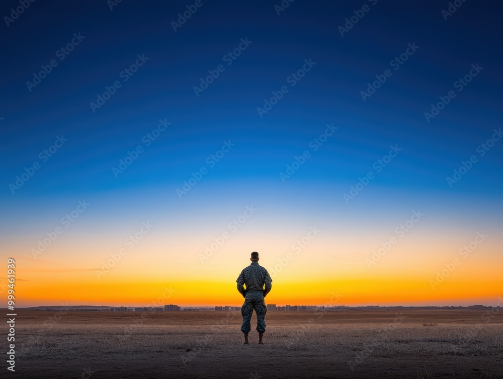 A lone figure stands against a breathtaking sunset, embodying solitude and reflection in a vast, open landscape.