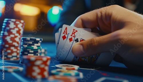 A close-up of a hand holding winning poker cards with stacked chips in a vibrant casino setting, showcasing excitement and strategy. photo