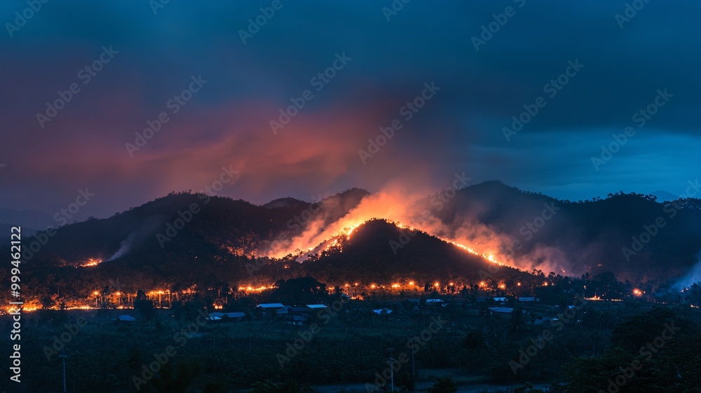Fototapeta premium A dramatic landscape of burning hills under a darkening sky, showcasing the intensity of a wildfire at dusk.