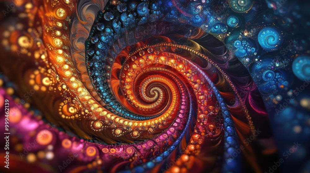Mesmerizing swirling jewelries in vivid colors create a hypnotic abstract pattern, glowing elegantly on a dark background