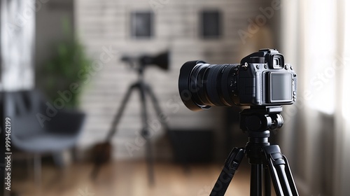 A modern camera on a tripod, capturing vibrant images in a stylish indoor environment with natural light.