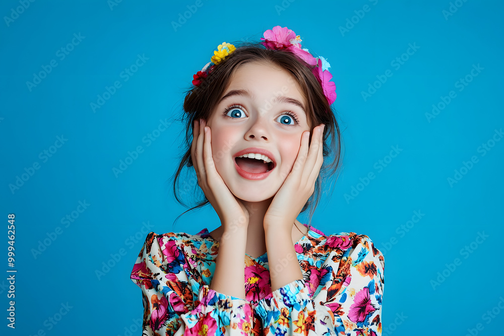 Photo of excited adorable girl wear flowers print clothes two arm touch cheeks special news empty space isolated on blue color background Photo of excited adorable girl wear flowers print clothes two arm touch cheeks special news empty space isolated on blue color background