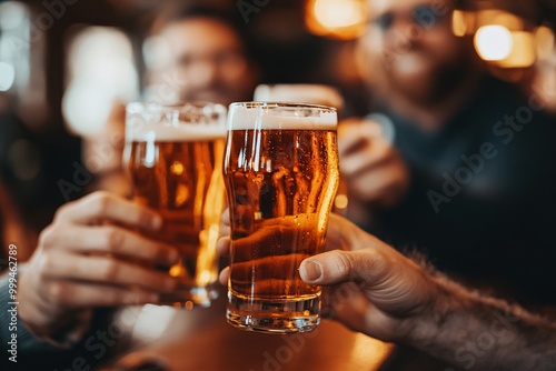 Friends celebrating with glasses of beer, creating joyful moments in a lively bar ambiance. Perfect for gathering and toast themes. photo