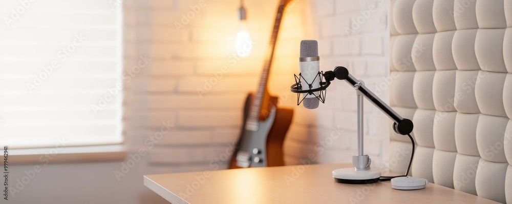 A modern recording studio setup featuring a microphone on a stylish ...
