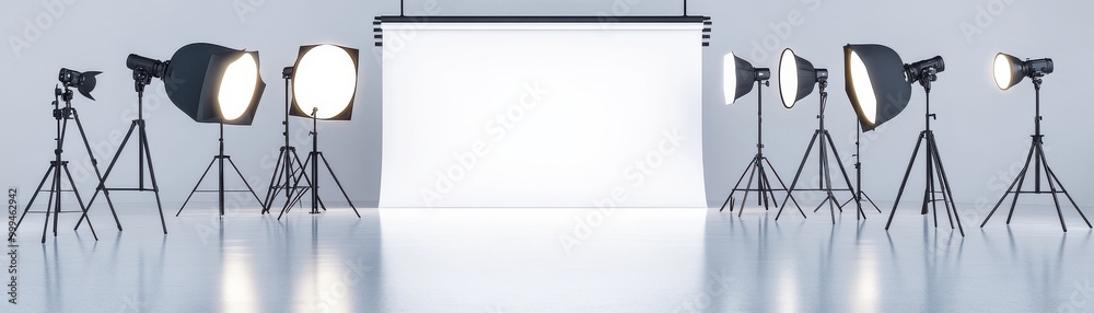 A modern photography studio setup with various lights and a blank backdrop ready for a photoshoot. A modern photography studio setup with various lights and a blank backdrop ready for a photoshoot.