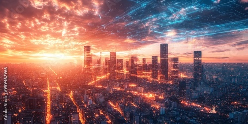 Futuristic urban landscape with advanced technology, interconnected smart systems, and glowing towers under a radiant sky.