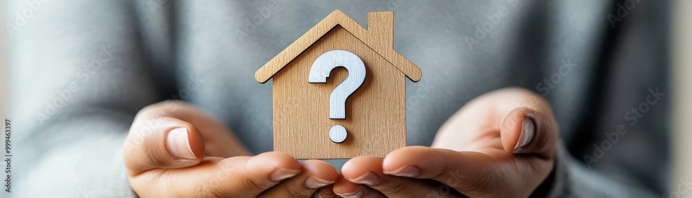 A person holds a wooden house model with a question mark, symbolizing uncertainty in real estate or housing decisions. A person holds a wooden house model with a question mark, symbolizing uncertainty in real estate or housing decisions.
