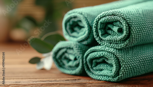 Stack of green paper towels on wooden table, closeup. Space for text