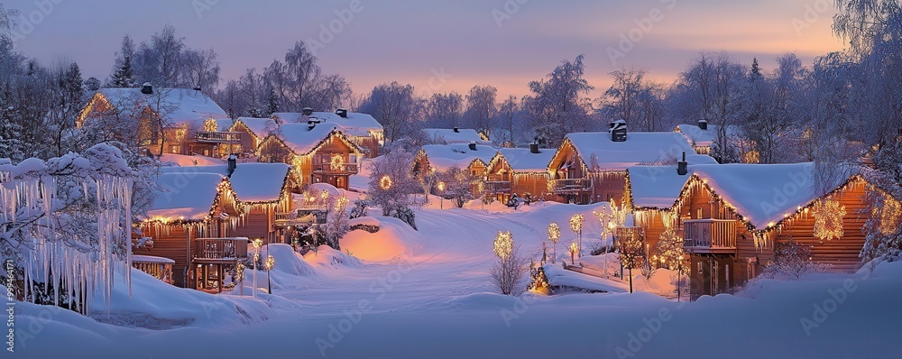 Obraz premium A winter wonderland showcasing cozy, illuminated cabins surrounded by snow, creating a serene and magical atmosphere.