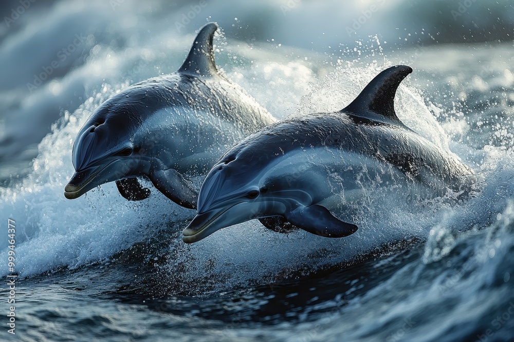 Obraz premium Dolphins Leaping Out of the Water on Large Ocean Waves