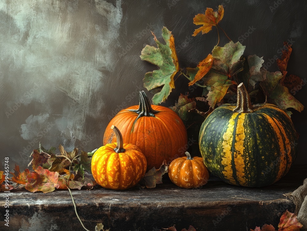 Seasonal still life with pumpkins and foliage on rustic surface Seasonal still life with pumpkins and foliage on rustic surface