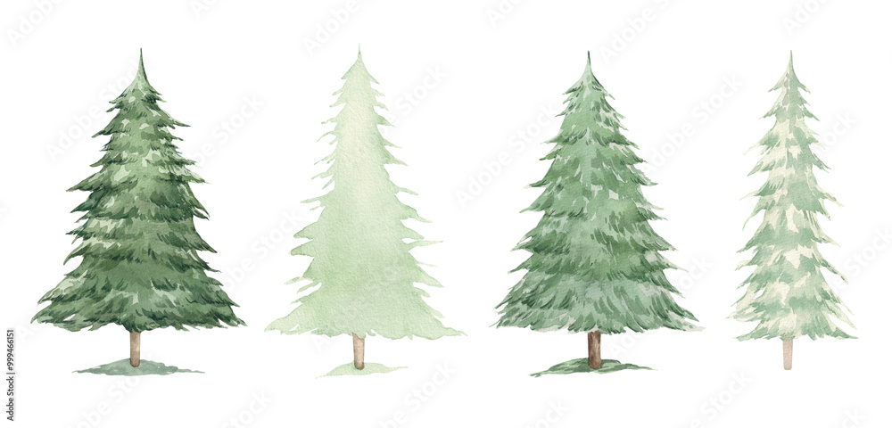 Watercolor set of green fir trees. Hand drawn illustration of coniferous trees, firs or spruces. Vernozelenok tree, symbol of New Year and Christmas. Watercolor set of green fir trees. Hand drawn illustration of coniferous trees, firs or spruces. Vernozelenok tree, symbol of New Year and Christmas.