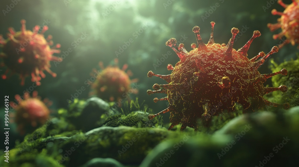 Fototapeta premium Microscopic View of Coronavirus on Moss