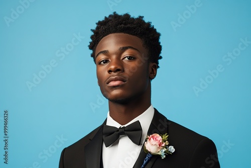 Young man in black tuxedo with boutonniere on blue