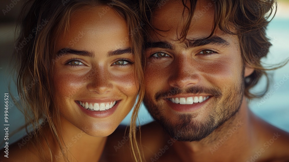 A man and a woman are smiling at the camera A man and a woman are smiling at the camera