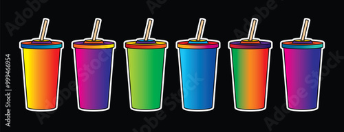 Fast food plastic cup with straw. Hot or cold drink. Original vector illustration in vintage style.
