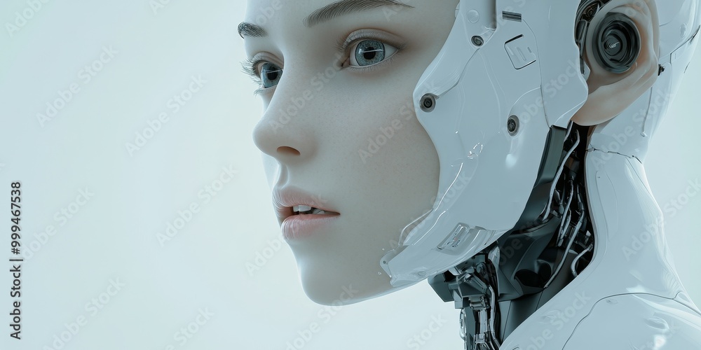 Detailed view of a humanoid robots face, with an active AI recognition system, featuring lifelike expressions and sophisticated design. Detailed view of a humanoid robots face, with an active AI recognition system, featuring lifelike expressions and sophisticated design.