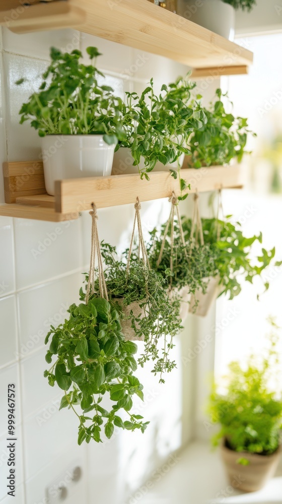 A vibrant display of fresh herbs in pots, suspended on a wooden shelf, enhancing a light and airy kitchen atmosphere. A vibrant display of fresh herbs in pots, suspended on a wooden shelf, enhancing a light and airy kitchen atmosphere.