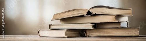 A serene stack of worn books rests on a wooden table, inviting readers into a world of knowledge and imagination.