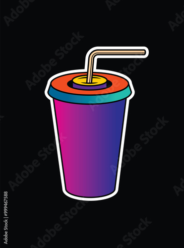Fast food plastic cup with straw. Hot or cold drink. Original vector illustration in vintage style.
