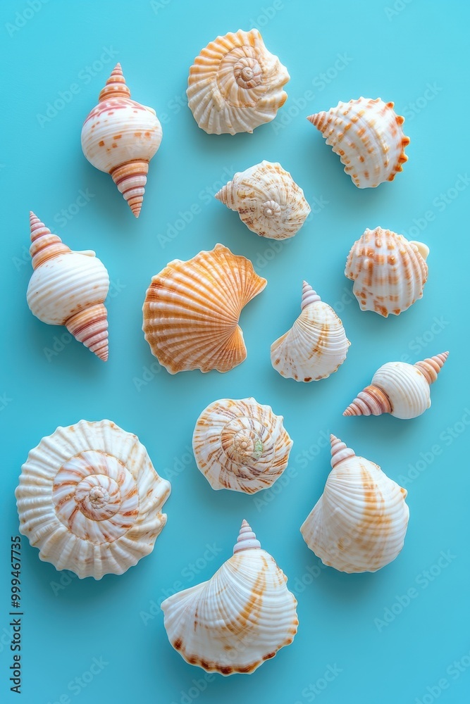Spiraled Seashell Collection on Blue Background Spiraled Seashell Collection on Blue Background