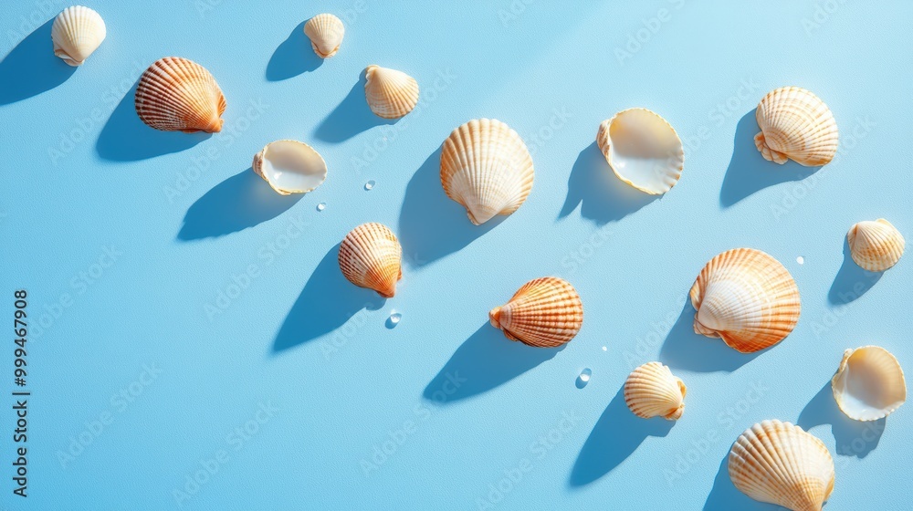 Creative Layout of Sea Shells on Blue Background