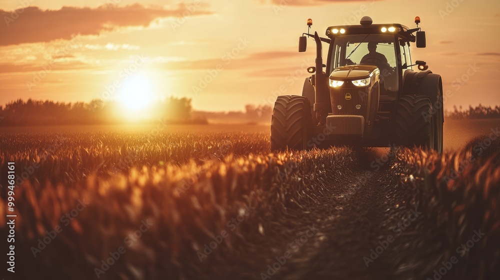 Modern Farmer Driving Tractor Through Cornfield at Sunset Modern Farmer Driving Tractor Through Cornfield at Sunset