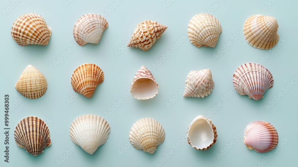 Diverse Collection of Flat Shells on Blue Background