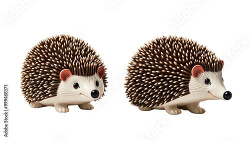 Set of Angled view of a ceramic hedgehog figurine isolated on a white background...