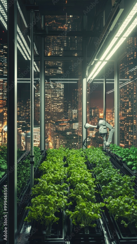 Fototapeta premium Vertical Futuristic Farm in City Skyscraper at Night
